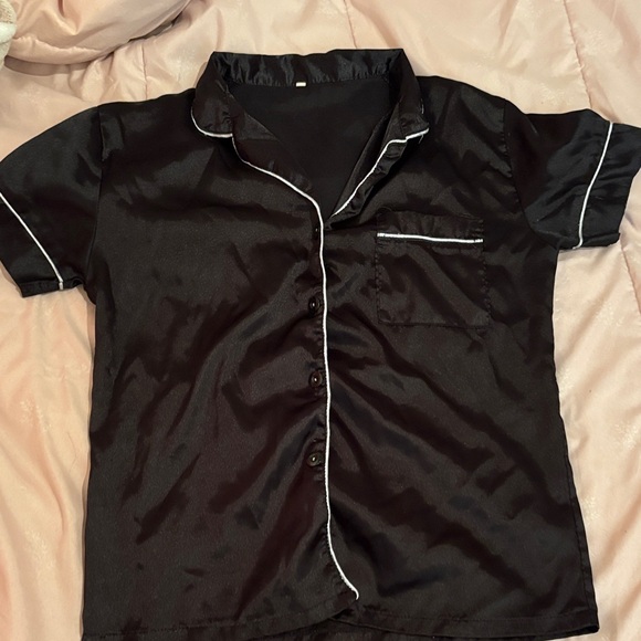 Black Satin Short Sleeve Pajama Set with White Lining - Picture 2 of 4